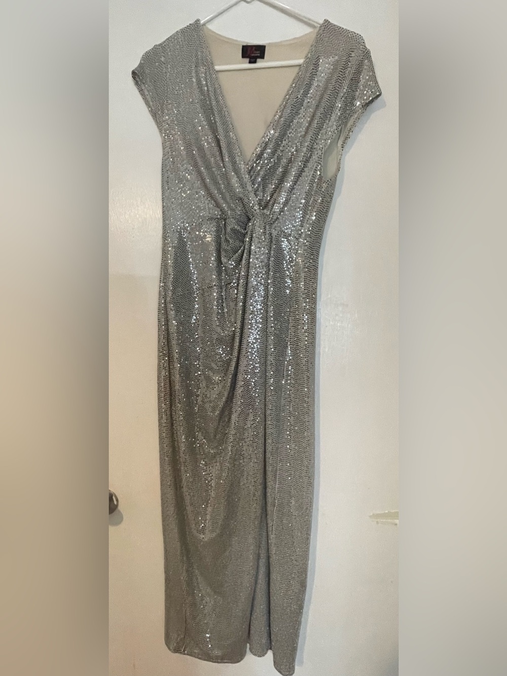 Sequin Twist-Knot Silver Maxi Dress